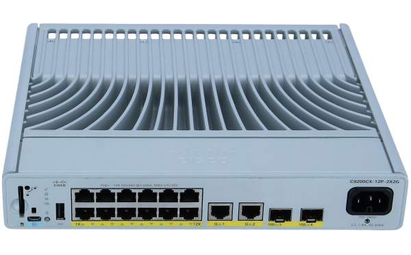 Cisco - C9200CX-12P-2X2G-A - Catalyst 9200CX - Network Advantage - switch - compact - L3 - Managed - 12 x 10/100/1000 (PoE+) + 2 x 1000Base-T + 2 x 10 Gigabit SFP+ (uplink) - rack-mountable - PoE+ (240 W)