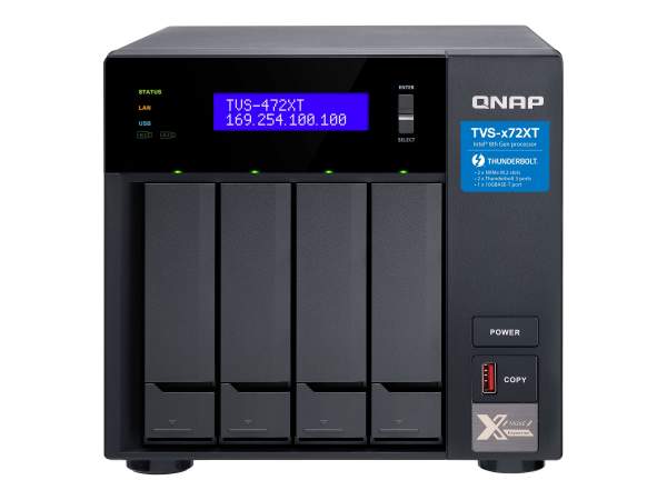 QNAP - TVS-472XT-I3-4G - NAS server - 4 bays - SATA 6Gb/s - RAID 0 1 5 6 10 - JBOD - 5 hot spare - 6 hot spare - 10 hot spare - 1 hot spare - RAM 4 GB - Gigabit Ethernet / 2.5 Gigabit Ethernet / 5 Gigabit Ethernet / 10 Gigabit Ethernet - iSCSI support
