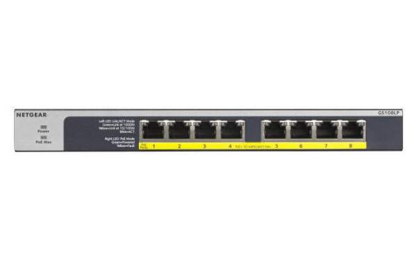 Netgear - GS108LP-100EUS - GS108LP - Non gestito - Gigabit Ethernet (10/100/1000) - Supporto Power over Ethernet (PoE) - Montaggio rack - 1U - Montabile a parete