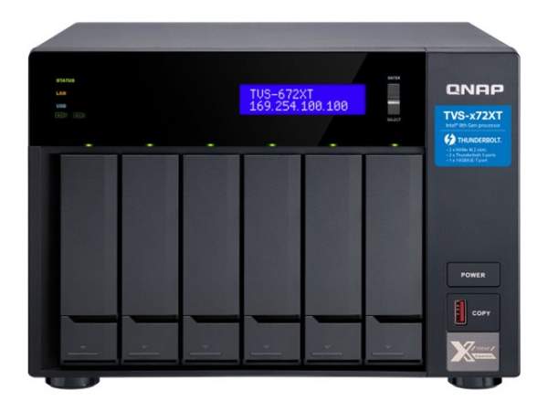 QNAP - TVS-672XT-I3-8G - NAS server - 6 bays - SATA 6Gb/s - RAID 0 1 5 6 10 50 - JBOD - RAM 8 GB - Gigabit Ethernet / 10 Gigabit Ethernet / Thunderbolt 3 - iSCSI support