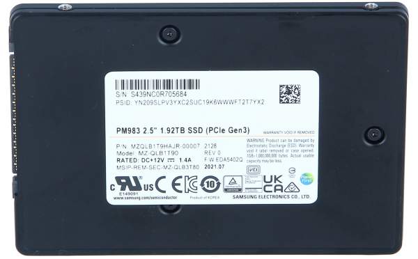 Samsung - MZQLB1T9HAJR-00007 - PM983 - Solid-State-Disk - verschlüsselt - 1.92 TB - intern - 2.5" (6