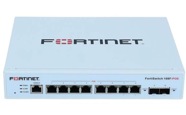 Fortinet - FS-108F-POE - Layer 2 FortiGate switch controller compatible PoE+ switch with 8 x GE RJ45 ports, 2 x GE SFP, Fanless with