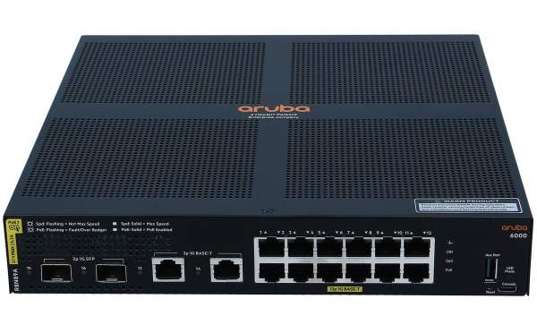 HP - R8N89A - Aruba 6000 12G Class4 PoE 2G/2SFP 139W Switch - Managed - 12 x 10/100/1000 (PoE+) + 2 x Gigabit SFP + 2 x 1000Base-T - rack-mountable - PoE (139 W)