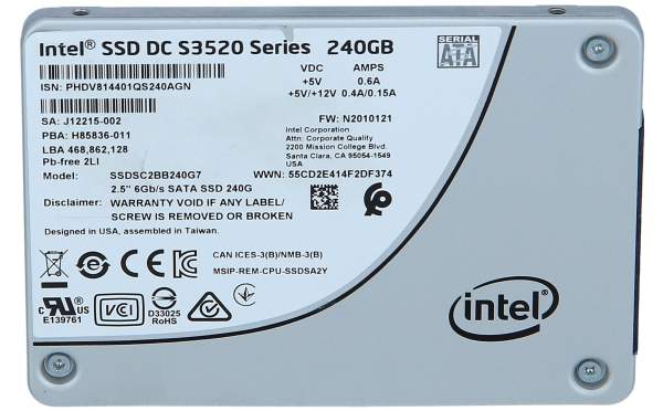 Intel - SSDSC2BB240G7 - DC S3520 Series - Solid state drive - encrypted - 240 GB - internal - 2.5" - SATA 6Gb/s - 256-bit AES