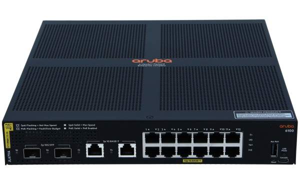 HP - JL679A - Aruba 6100 12G Class4 PoE 2G/2SFP+ 139W Switch - Switch - L3 - Managed - 12 x 10/100/1000 (PoE+) + 2 x 1 Gigabit / 10 Gigabit SFP+ + 2 x 1000Base-T - rack-mountable - PoE+ (139 W)