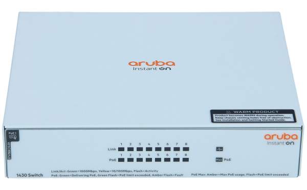 HPE - R8R46A - Aruba Instant On 1430 8G Class4 PoE 64W Switch - Switch - unmanaged - 8 x 10/100/1000 (PoE Class 4) - desktop - rack-mountable - PoE (65 W)