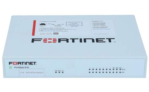 Fortinet - FG-61E - 10 x GE RJ45 ports (including 2 x WAN Ports, 1 x DMZ Port, 7 x Internal Ports), 128GB SSD onboard storage.