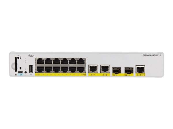 Cisco - C9200CX-12T-2X2G-E - Catalyst 9200CX - Network Essentials - switch - compact - L3 - Managed - 12 x 1000Base-T + 3 x 1000Base-T + 2 x 1 Gigabit / 10 Gigabit SFP+ (uplink) - rack-mountable - UPOE+